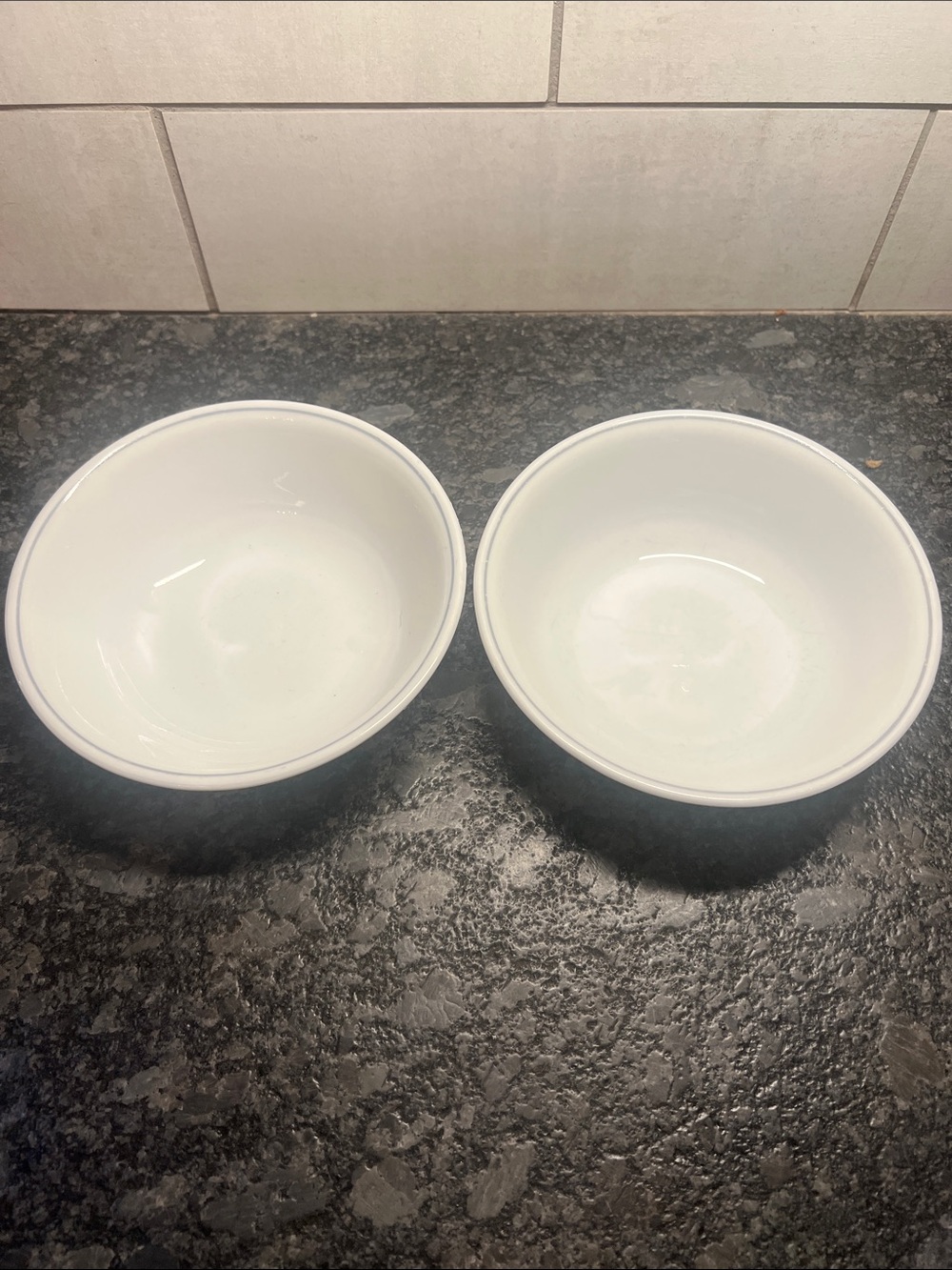 Set of 2 Corelle Cereal or dessert bowls. Gray rim. Good condition